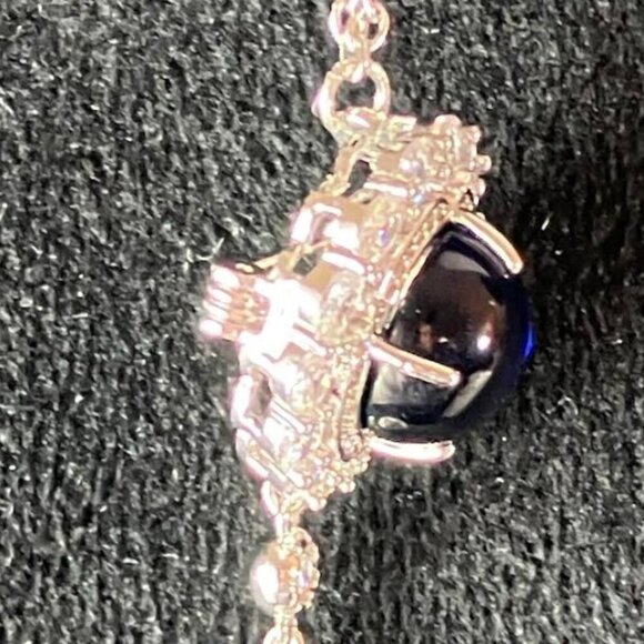 Handcrafted Sapphire Blue Cabochon Clear Cubic Zirconia Pearl Pendant Pin  20" - Picture 5 of 11